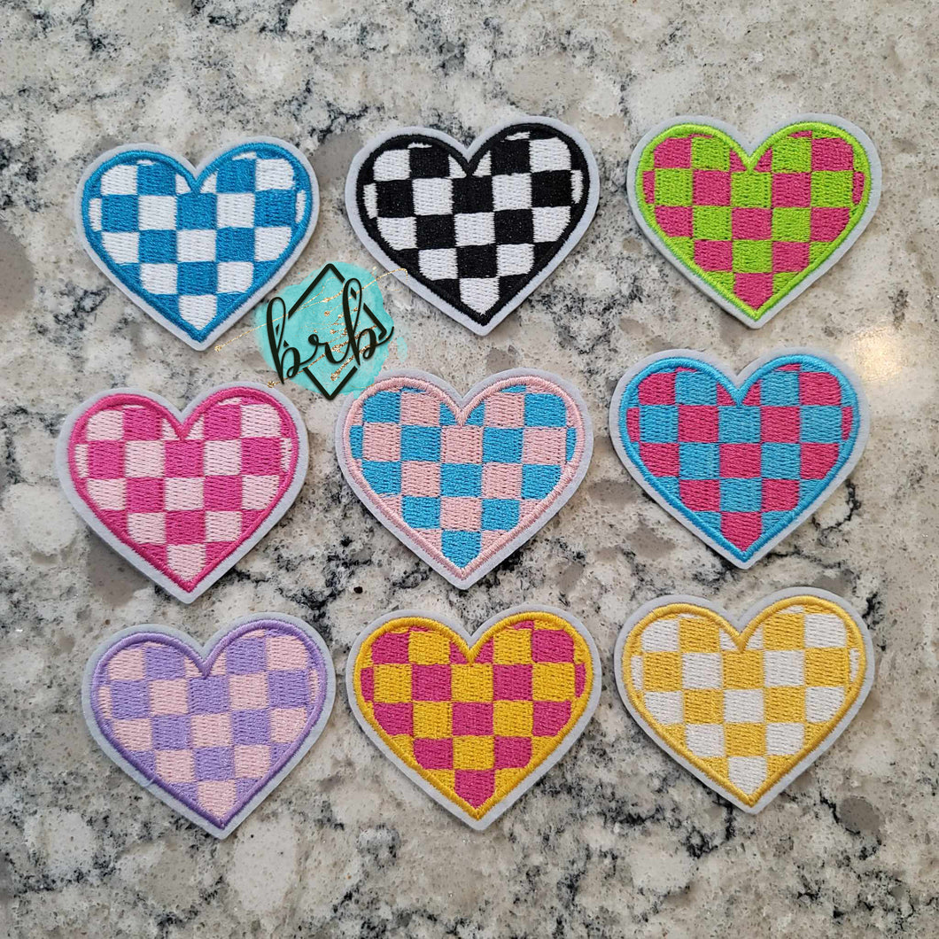 Set of 9 Checker Heart Embroidered Adhesive Patchs